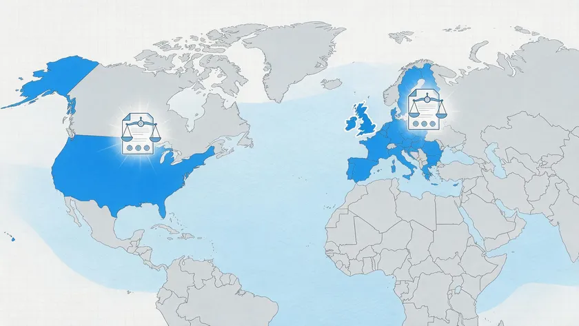 A map comparing 30 day money back guarantee legal requirements between the United States, the United Kingdom, and the European Union