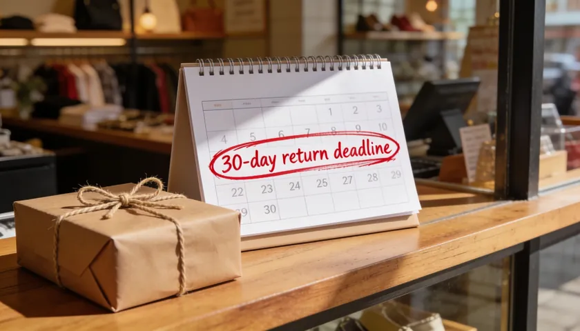 A wide shot of a calendar marked with a 30-day return deadline sitting on a store counter.