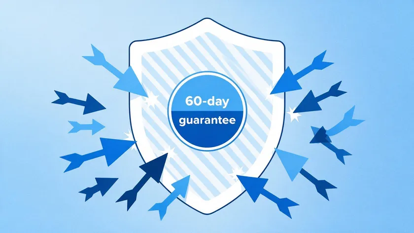 Shield icon protecting a 60 day money back guarantee badge from repeated refund-abuse arrows