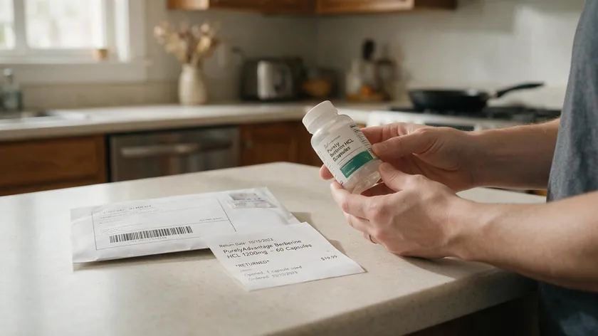 Customer holding an emptied supplement bottle next to a return label, illustrating empty-bottle proof for a 60 day money back guarantee