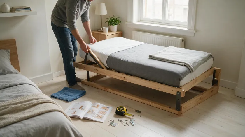 Person assembling a foldable bed frame at home, illustrating Lori Beds' 60 day money back guarantee sleep trial