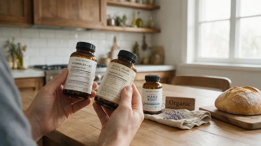 Customer comparing two supplement labels at a kitchen table, illustrating a 60 day money back guarantee built on ingredient trust
