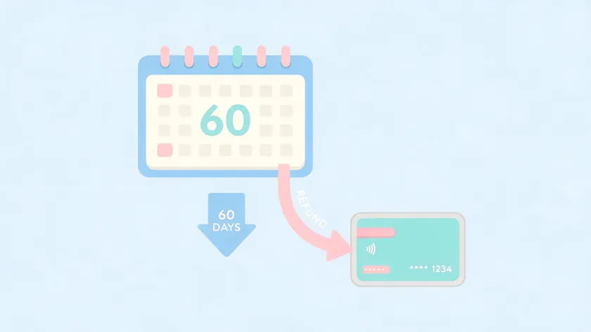 Illustration of a 60 day money back guarantee calendar with a refund arrow pointing to a payment card