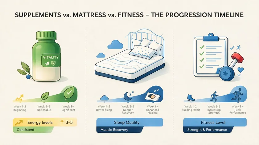 Comparison of a 60 day money back guarantee timeline for supplements, mattresses, and fitness programs showing gradual results
