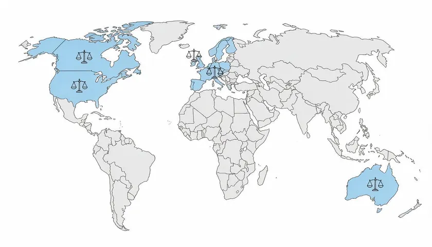 World map highlighting all sales final policy legal requirements in the US, Canada, UK, EU, and Australia