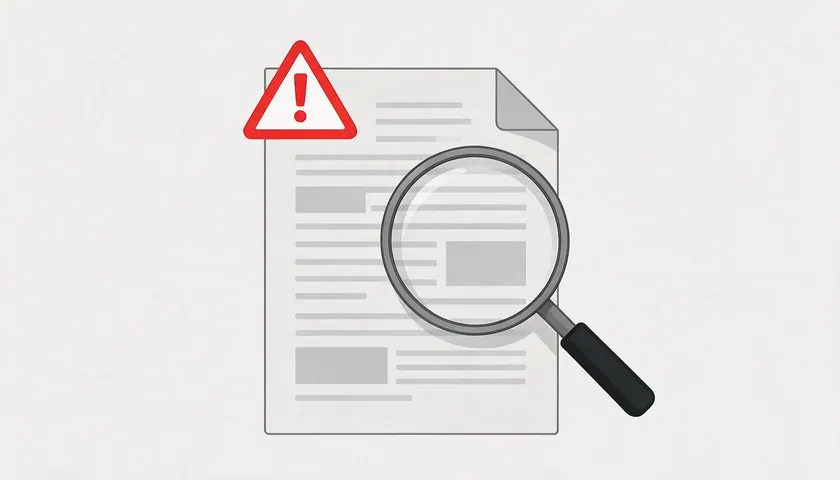 Warning icon and magnifying glass over a document, representing common mistakes in final sale policies