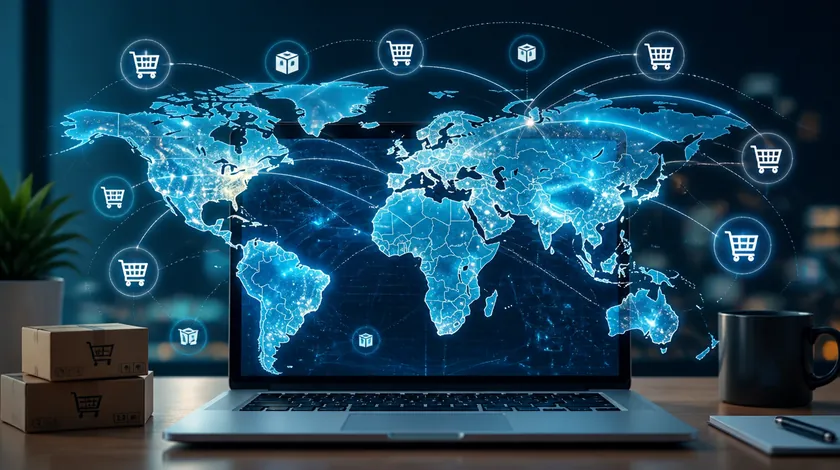 Illustration of a laptop displaying a glowing world map with shopping cart icons, representing cross-border e-commerce sales across multiple regions.