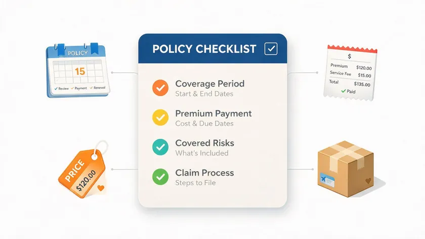 A checklist illustration covering coverage period, payment, covered items, and claim process.