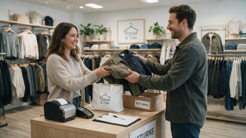 A store employee smiling while exchanging a customer's jacket for a different size.