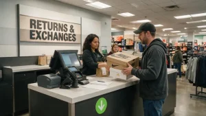 A store associate handing back two shoeboxes at an exchange policy return counter.