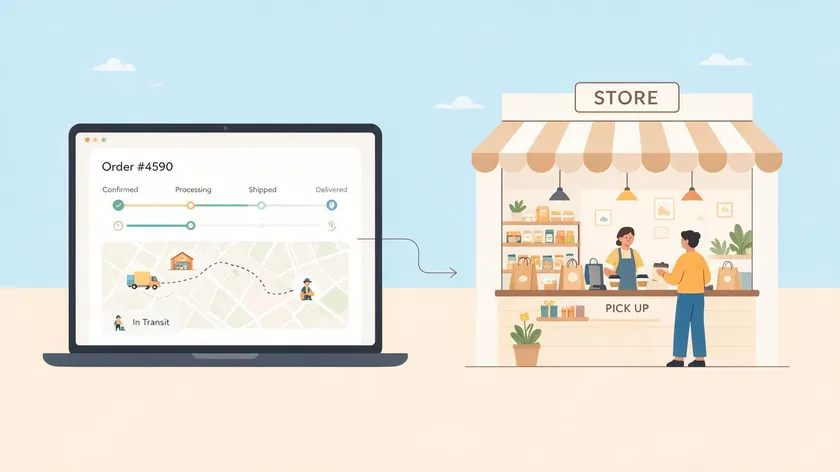 Illustration comparing an online order tracking flow with an in-store pickup exchange.