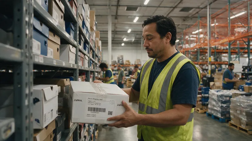A warehouse worker checking a return shipping label on a package.