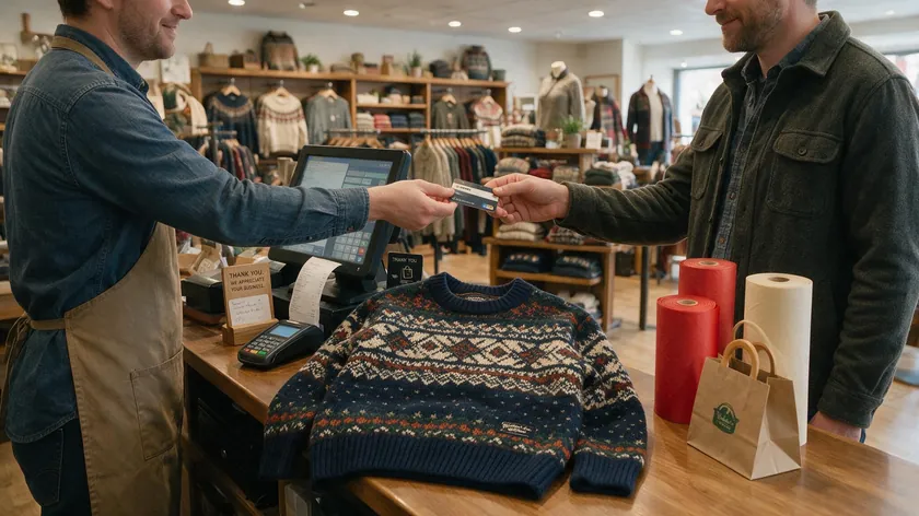 A cashier handing a customer a store credit card at checkout.