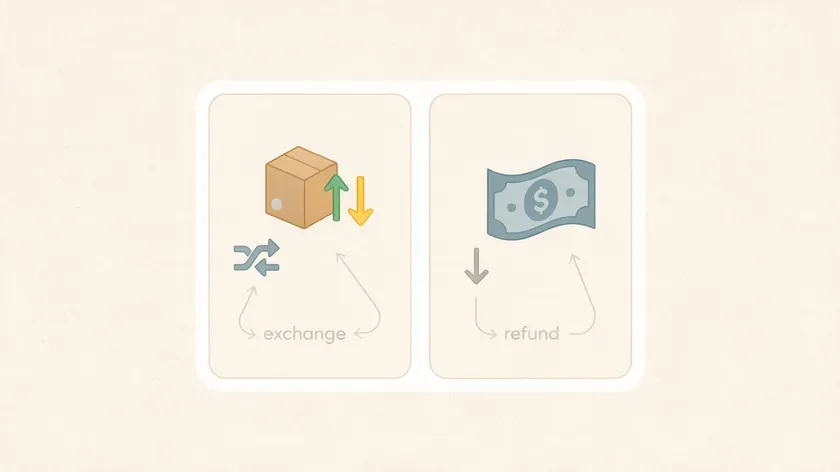 Side-by-side icons contrasting an item exchange with a cash refund.