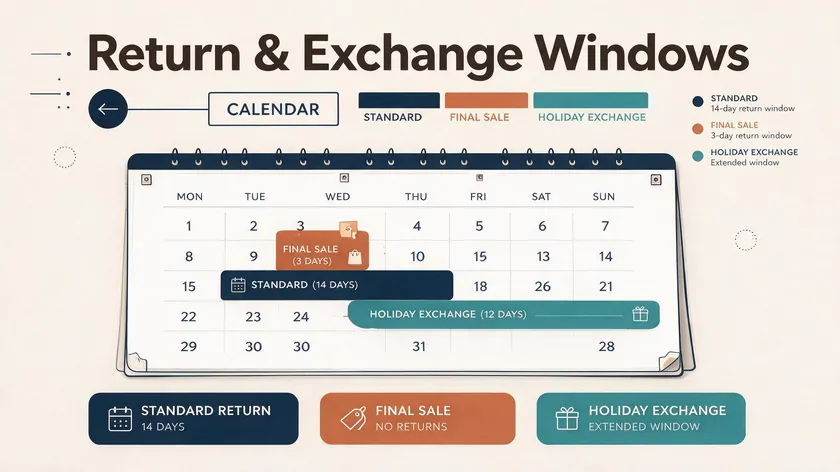 A calendar illustrating standard, final sale, and holiday exchange return windows.