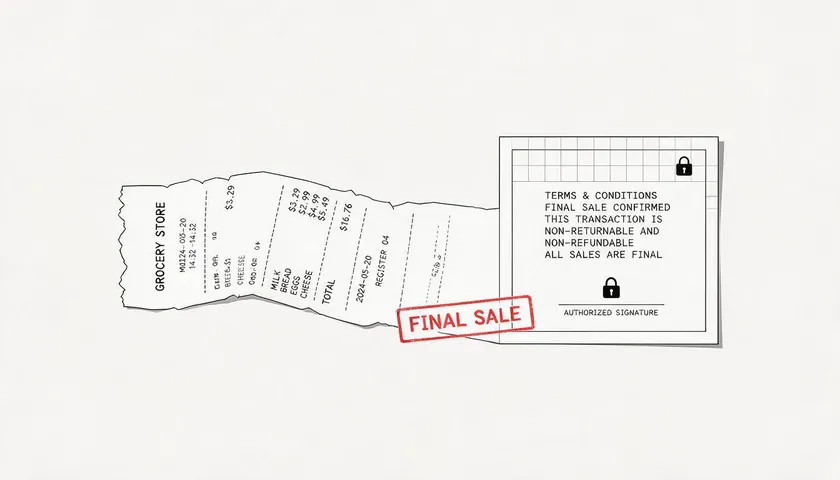 Receipt next to a signed final sale terms document, illustrating how to disclose a final sale policy