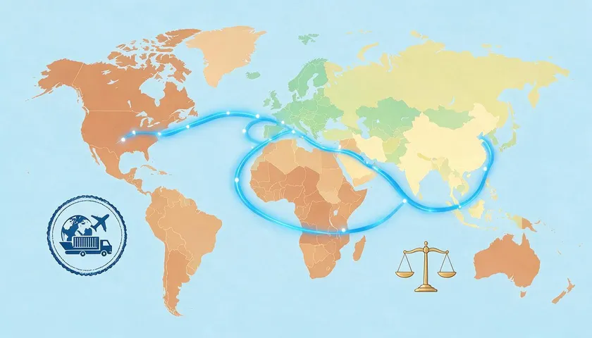 A world map with a customs stamp and scale icon, illustrating international shipping and customs duties.