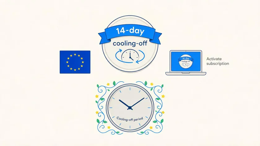 Money back guarantee examples for a 14-day EU cooling-off period shown as a badge and subscription screen