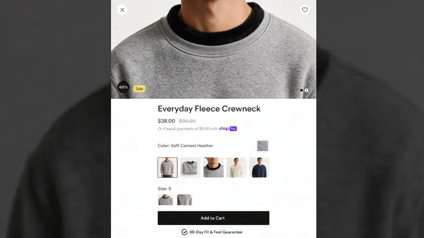 Apparel product page displaying a 30-day fit and feel guarantee, one of several ecommerce money back guarantee examples