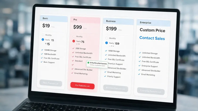 SaaS pricing page showing one of several 30-day money back guarantee examples used near checkout