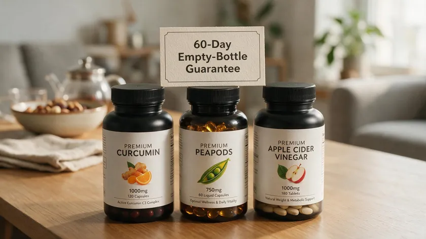 Supplement bottles with a 60-day empty-bottle guarantee card, a common money back guarantee example in health brands