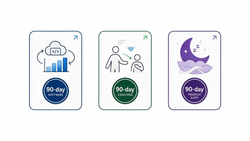 Three 90-day money back guarantee examples shown as badges for software, coaching, and premium sleep products
