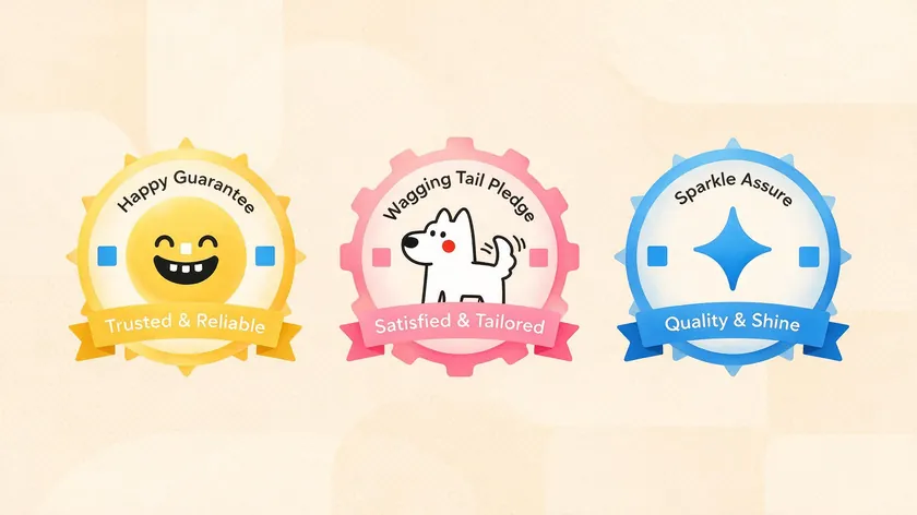 Three playful branded guarantee badges, part of a gallery of money back guarantee examples with custom names