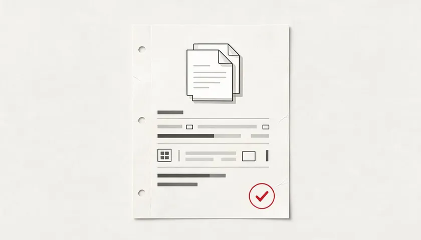 Illustration of a structured document outline with content blocks and a checkmark, representing the elements of a policy template.