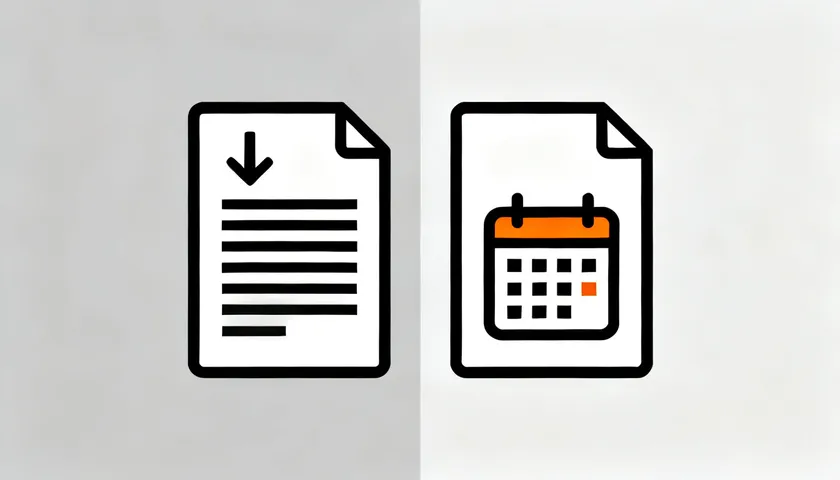 Two document icons side by side, one marked with a download arrow and one with a calendar, representing different policy template formats.