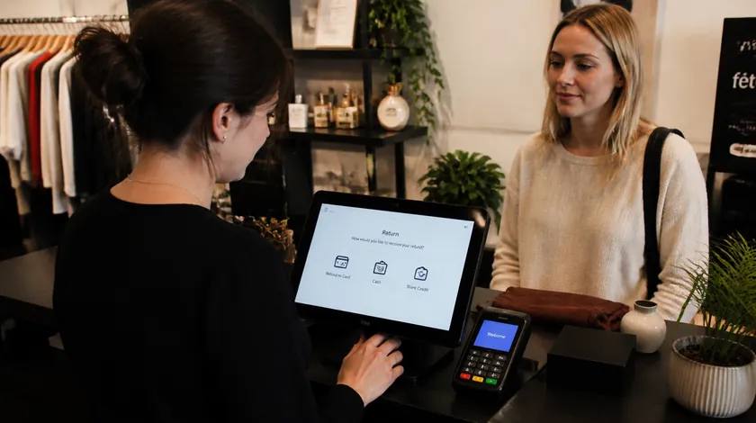 A staff member helps a customer choose between refund to card, cash, or store credit on an in-store POS screen.