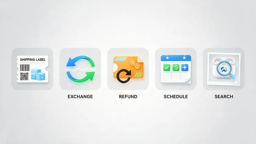 Icons representing alternatives to a restocking fee: return shipping label, exchange, refund, scheduling, and product search
