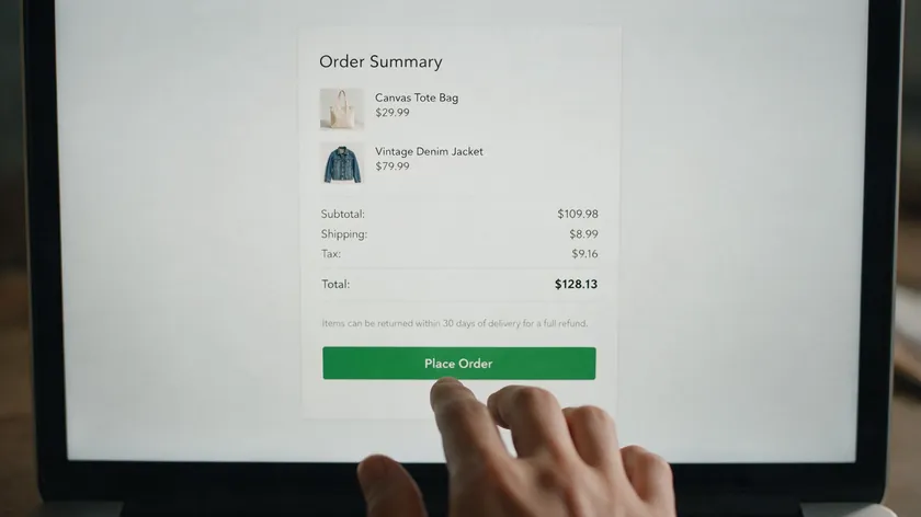 Online checkout screen showing an order summary and return policy note before a customer places an order