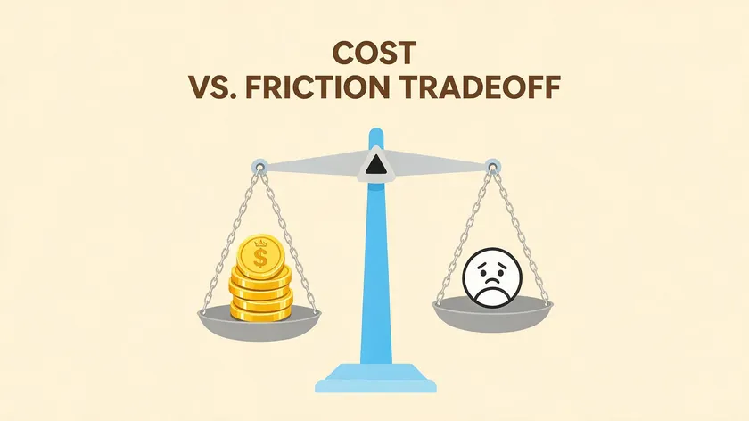 Illustration of a scale balancing cost savings against customer friction, representing the restocking fee tradeoff