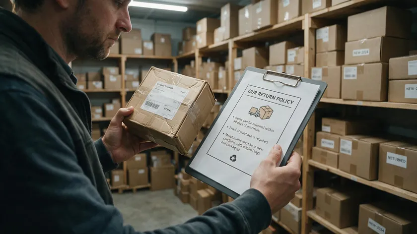 Small business owner checking a returned package against a printed restocking fee and return policy sheet in a stockroom