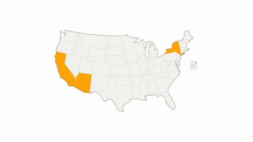 US map highlighting California, New York, and Arizona, the states with specific restocking fee disclosure laws