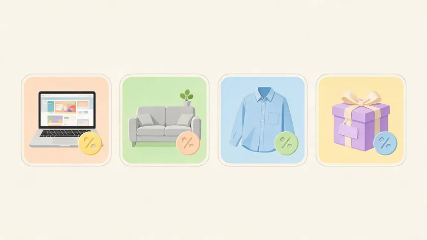 Icons representing electronics, furniture, apparel, and custom goods each labeled with a restocking fee percentage
