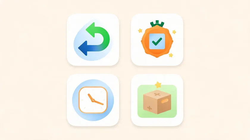 Icon grid representing restocking fee rules by return reason, condition, timing, and product category