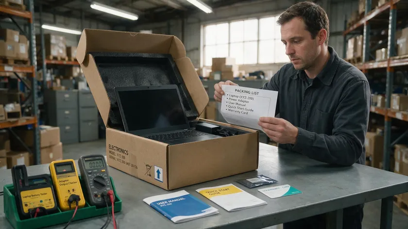Warehouse employee inspecting an opened electronics box and packing list before applying a restocking fee