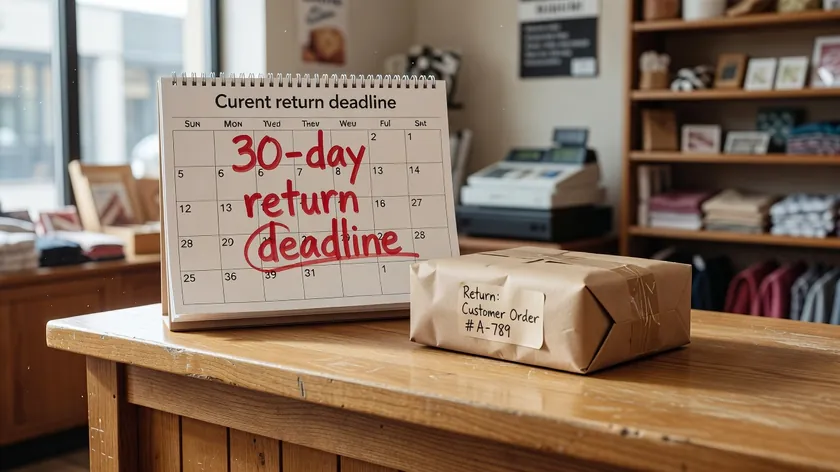 A widescreen photo of a return deadline calendar and a packaged customer return on a wooden counter.