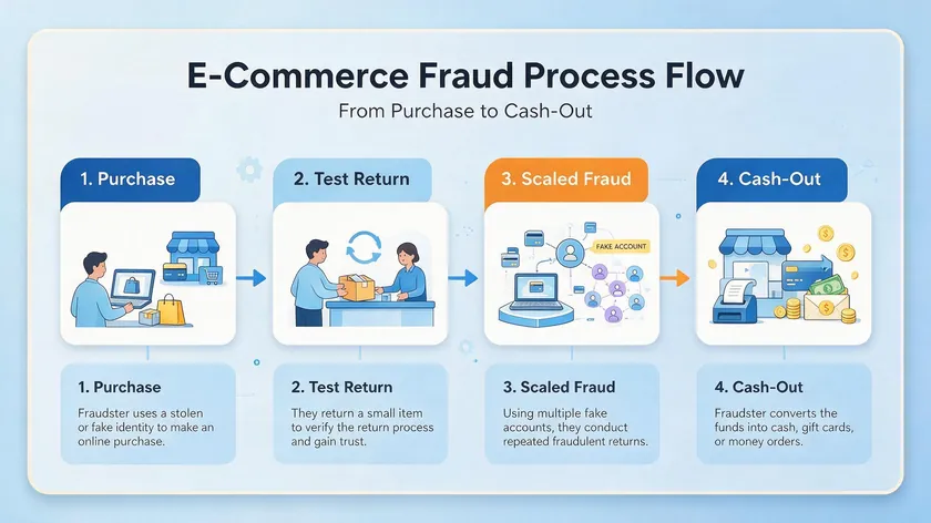 Flowchart showing the four-stage attack path fraudsters use, from purchase to cash-out.