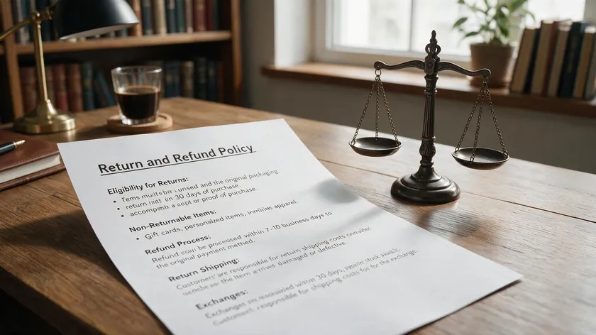A printed return and refund policy beside a scale of justice, representing the legal side of fraud prevention.