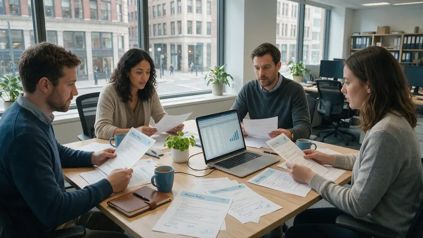 A cross-functional team reviewing return policy documents while building a prevention framework.