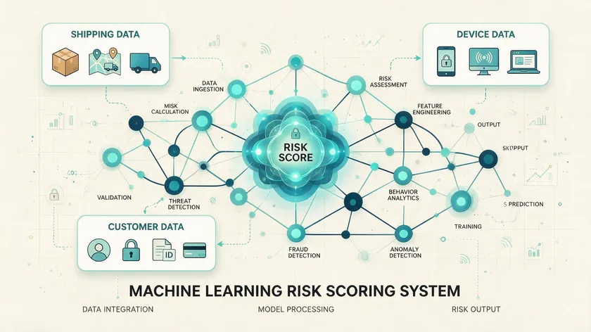 Abstract diagram of a machine learning risk-scoring system pulling in shipping, device, and customer data.