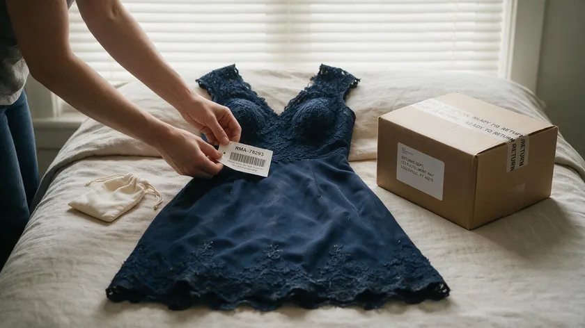 A worn dress being re-tagged with an RMA label, illustrating a wardrobing return scam.