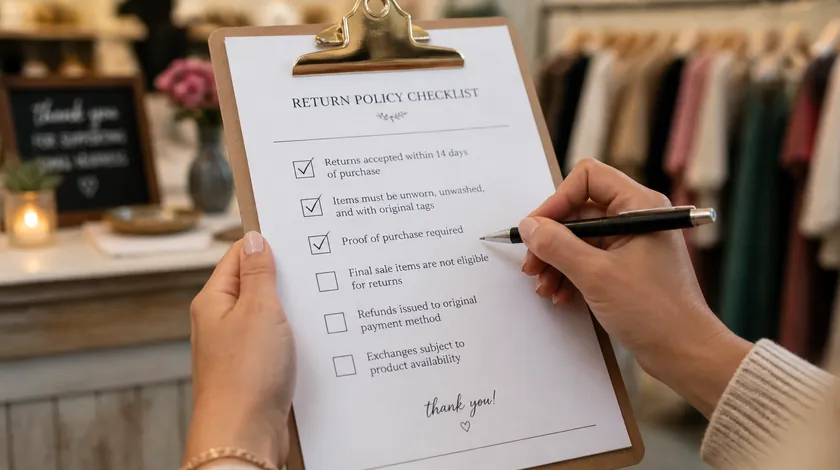 Close-up of hands checking boxes on a return policy checklist clipboard, boutique clothing racks in the background.