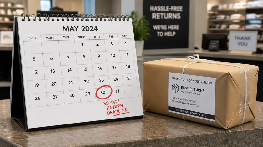 A calendar on a shop counter shows a 30-day return deadline circled in red, next to a wrapped customer return package.