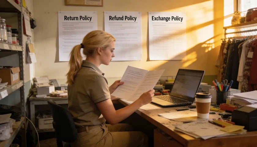 A small business owner looks worried while reviewing return policy costs and data on a laptop in his stockroom.