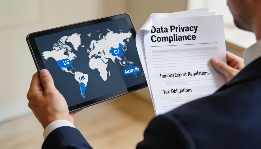 A tablet displays a world map highlighting the US, UK, EU, and Australia next to printed compliance documents.