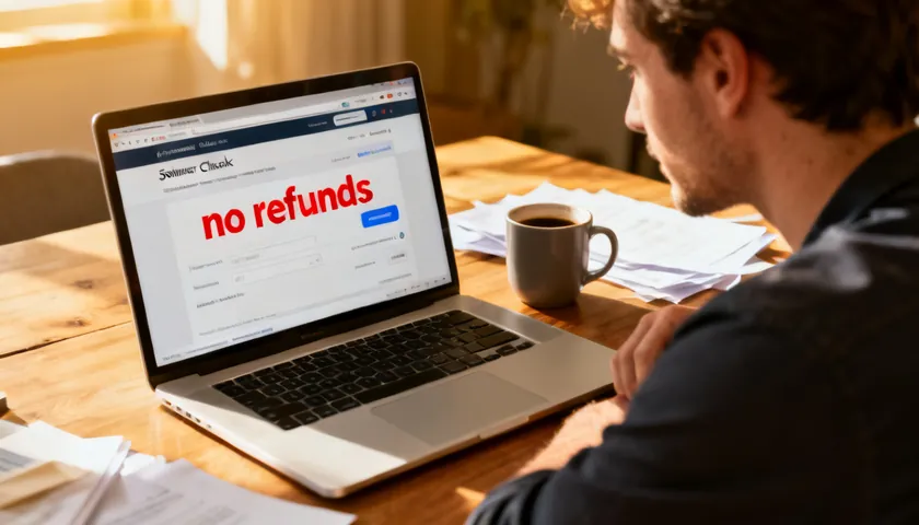 A worried small business owner reviews a laptop screen showing a rising return rate next to sales goals notes.