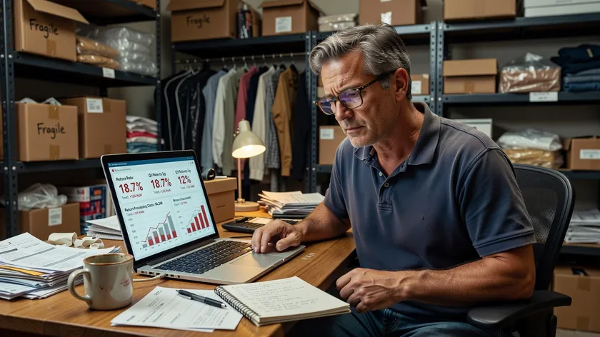 A widescreen view of a returns analytics dashboard open on a laptop in a stockroom office.